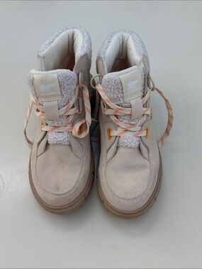 Sorel Cream Suede Sherpa Lace-Up Boots with Peach-Striped Laces